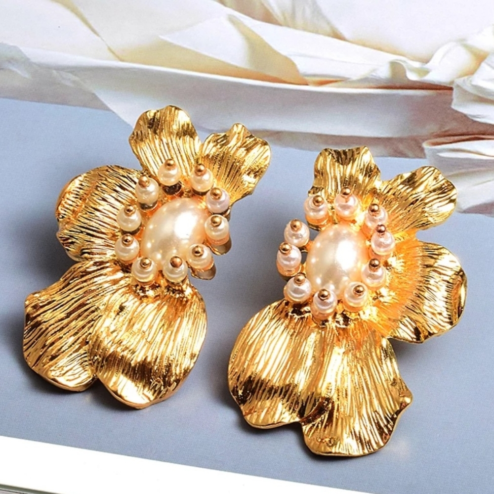 Gold Statement Earrings with Pearl Accents
